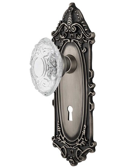 Victorian Door Set with Keyhole and Matching Crystal-Glass Knobs in Antique Pewter.